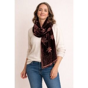 Georgina von Etzdorf Brown Devore Velvet Silk Floral Scarf Made in England 66"